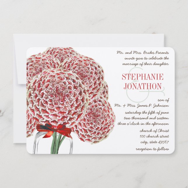 Invitation Russe Zinnia Red Mason Jar Wild Flower Mariage (Devant)