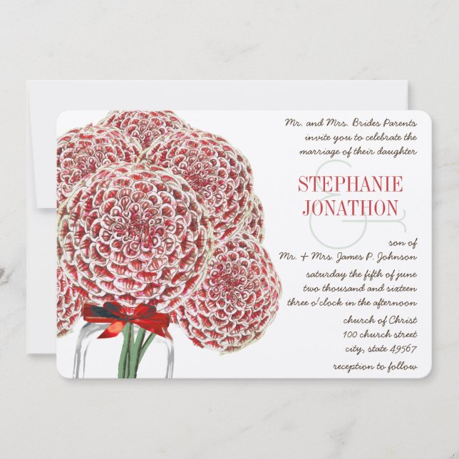 Invitation Russe Zinnia Red Mason Jar Wild Flower Mariage (Devant)