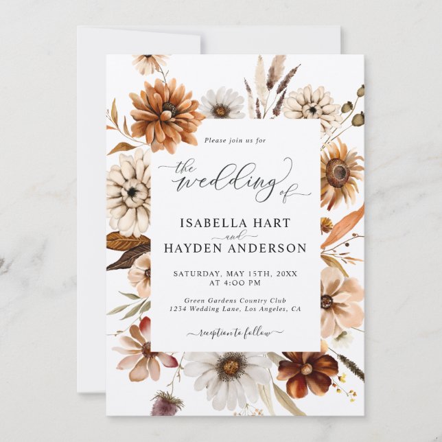 Invitation Russet Terracotta Chute Tout En Un Code QR Mariage (Devant)