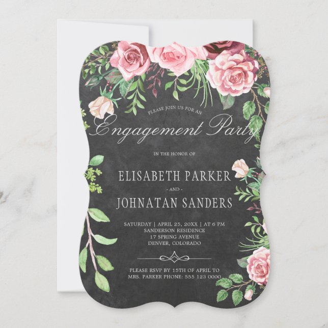 Invitation Russie rose Roses Chalkboard Partie d'engagement (Devant)