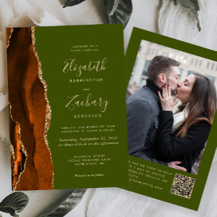 Invitation Rust Agate Olive Green Photo QR Code Mariage
