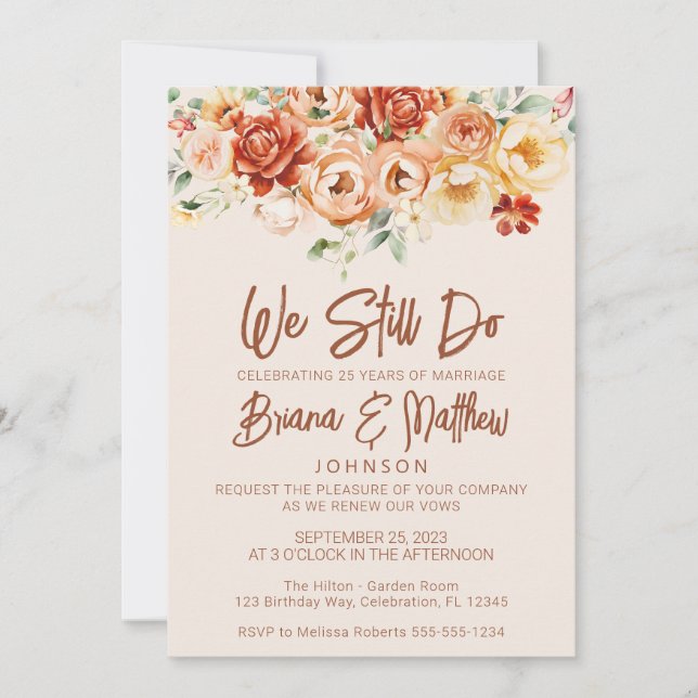 Invitation Rust Beige Floral Mariage Vow Renouvellement (Devant)