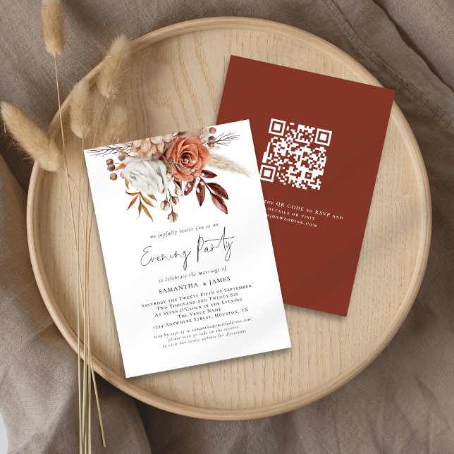Invitation Rust Florals QR Code Mariage Soirée (Front and back view)