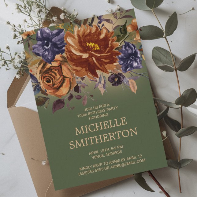 Invitation Rust Orange Blue Floral Vert 100e Anniversaire   (Terracotta and navy blue flowers on green birthday invitation)