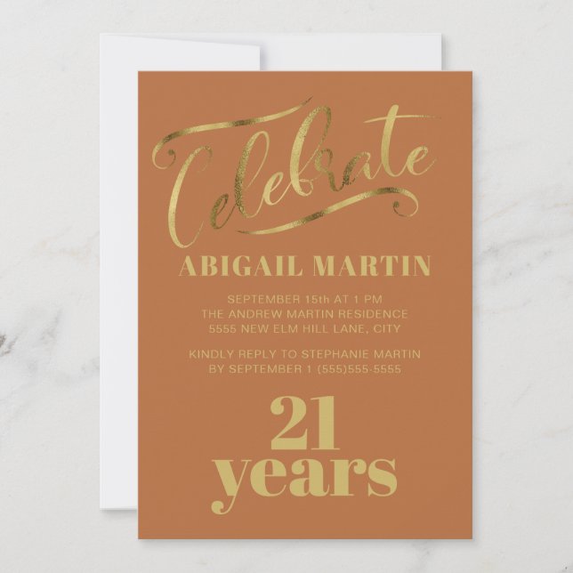 Invitation Rust Orange Gold 21ème fête d'anniversaire (Devant)