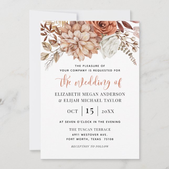 Invitation Rust Terracotta Fall Floral Boho Mariage (Devant)