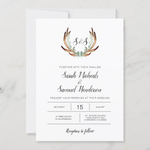 Invitation Rustic Antler & Greenery Watercolor Mariage