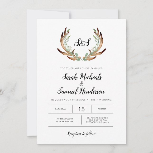 Invitation Rustic Antler & Greenery Watercolor Mariage (Devant)