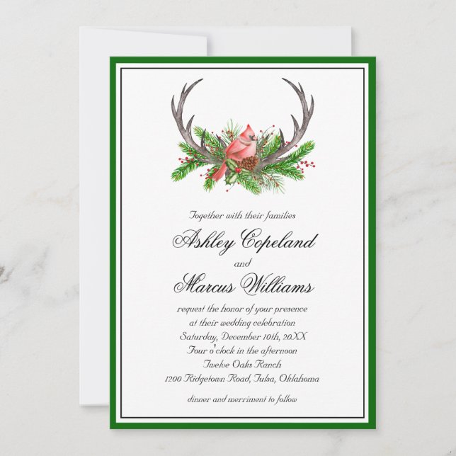 Invitation Rustic Antlers et Cardinal Mariage (Devant)