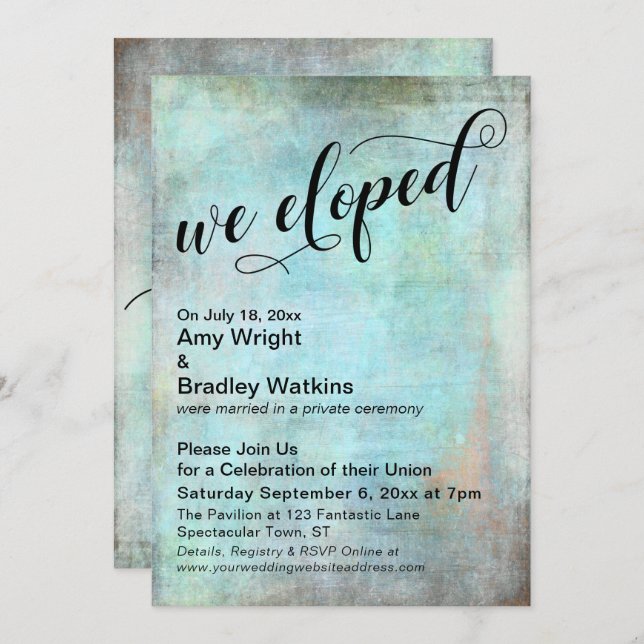 Invitation Rustic Aqua We Eloped Post Mariage Celebration (Devant / Derrière)