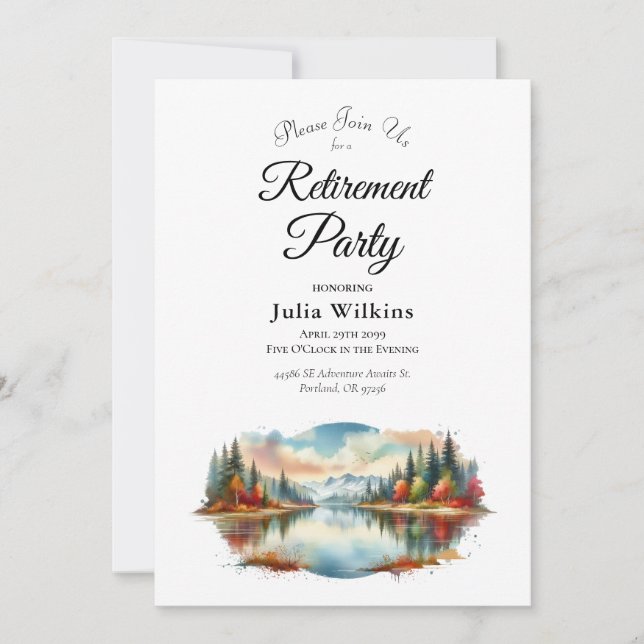 Invitation Rustic Automne Lakeside Forest Retirement Party (Devant)