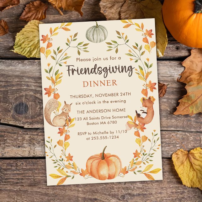 Invitation Rustic Automne quitte Citrouille Friendsgiving Dîn (Créateur téléchargé)