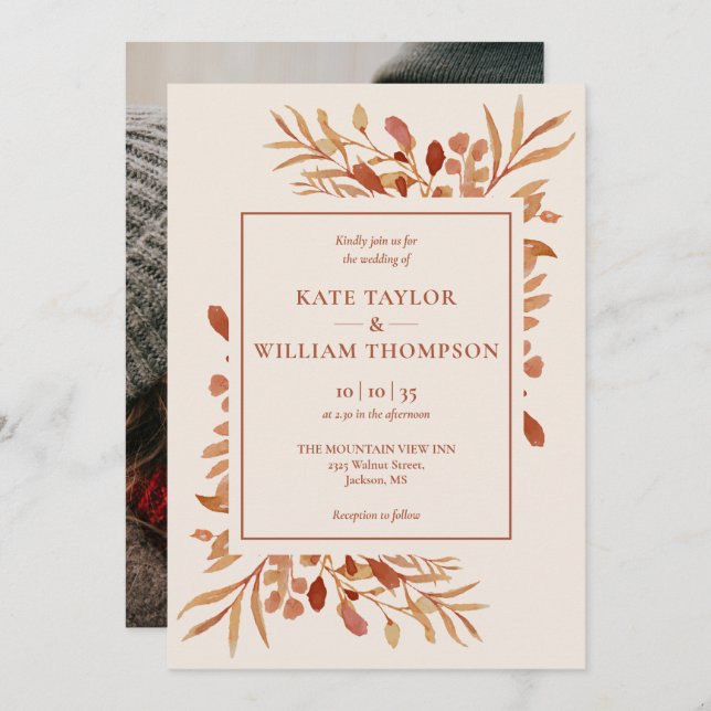Invitation Rustic Automne Terracotta Mariage photo (Devant / Derrière)