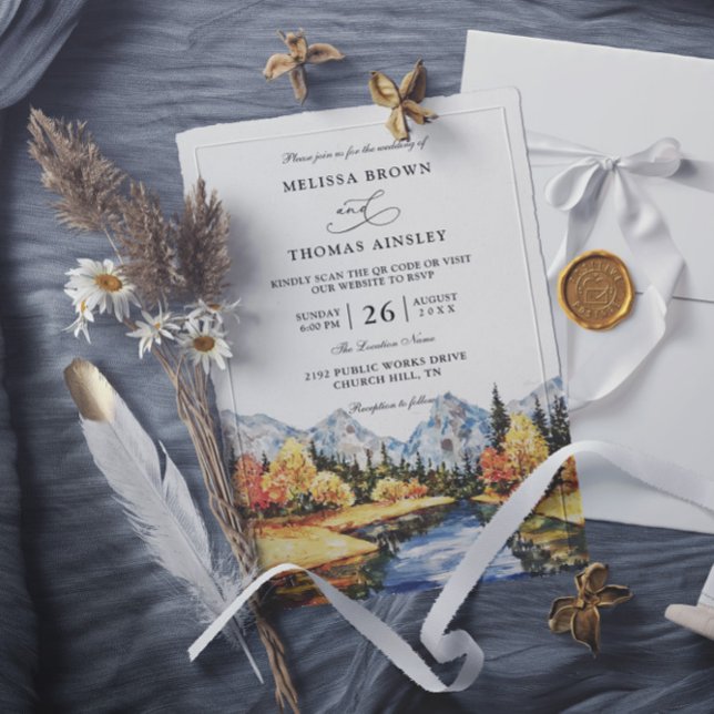 Invitation Rustic Autumn Mountain Budget QR Code Wedding (Créateur téléchargé)
