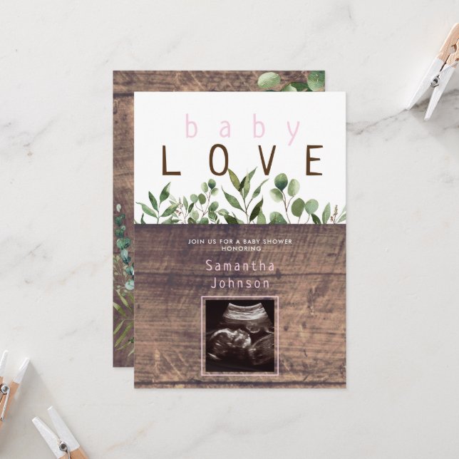 Invitation Rustic Baby Love Wood Ultrasound Baby shower rose (Devant/Arrière en situation)