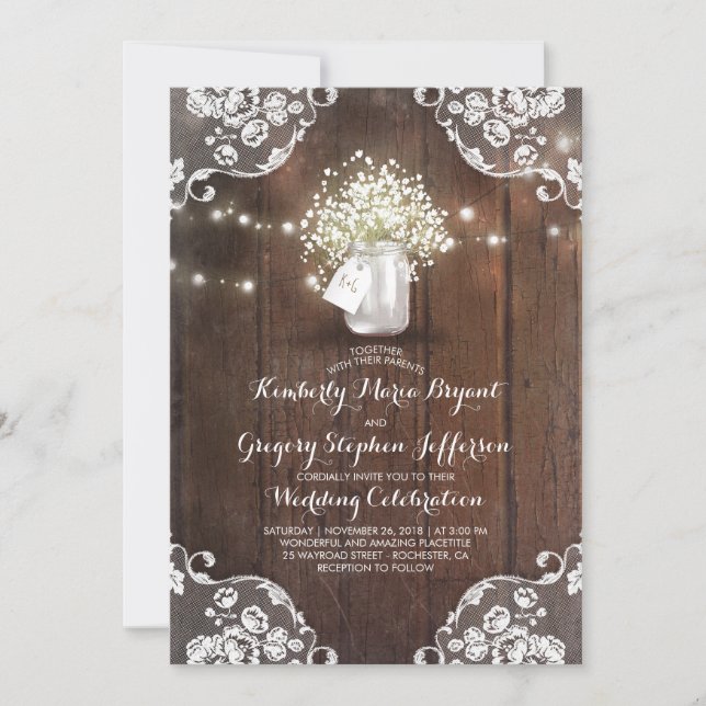 Invitation Rustic Baby's Breath Mason Jar Lights Lace Mariage (Devant)