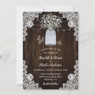 Invitation Rustic Baby's Breath Wood Mason Jar Mariage