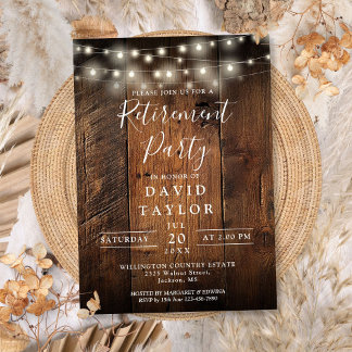 Invitation Rustic Barn Bois Chaîne Lumières Parti de retraite