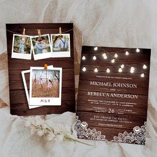 Invitation Rustic Barn Bois dentelle luminaires Mariage photo