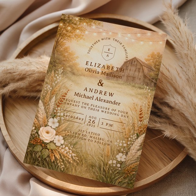 Invitation Rustic Barn Meadow String Lights Wedding (Créateur téléchargé)