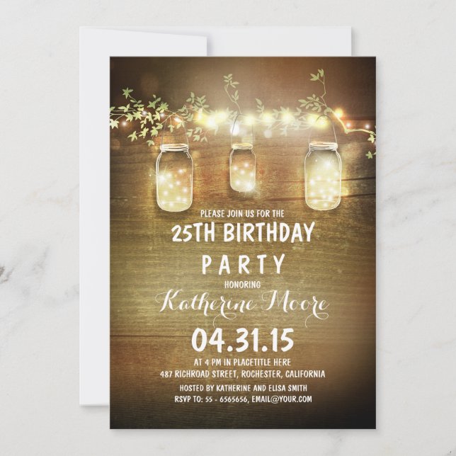 Invitation Rustic Barn String Lumière Mason Jars Anniversaire (Devant)