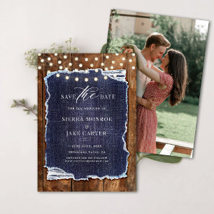 Invitation Rustic Barn Wood Denim Mariage photo Save Date