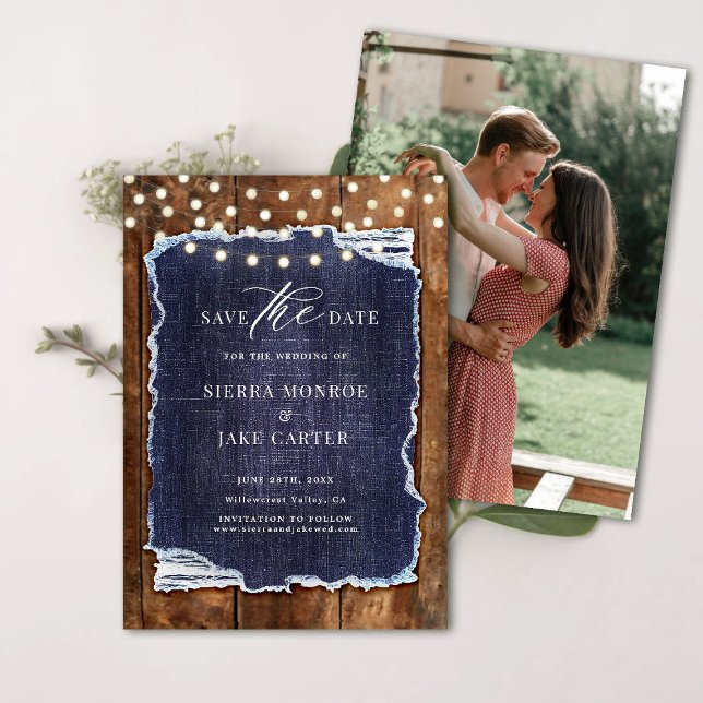 Invitation Rustic Barn Wood Denim Mariage photo Save Date (rustic wedding save the date barn wood denim string lights ranch country western backyard white blue)