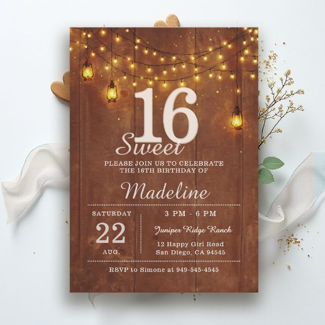 Invitation Rustic Barn Wood String Lights Lanterns Sweet 16 (rustic sweet 16 birthday party invitation string lights barn wood lanterns brown gold outdoors )