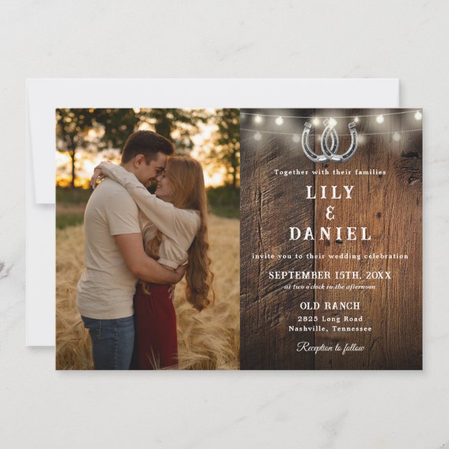 Invitation Rustic Barn Wood String Lights Photo Wedding (Devant)