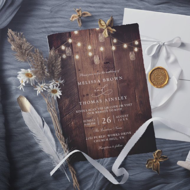 Invitation Rustic Barn Wood String Lights QR Code Wedding (Créateur téléchargé)