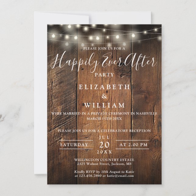 Invitation Rustic Barn Wood String Lights Wedding Reception (Devant)