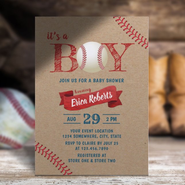 Invitation Rustic Baseball Boy Sports Thème Kraft Baby shower (Créateur téléchargé)