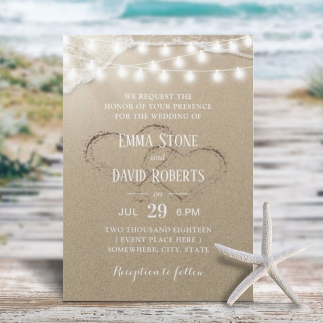 Invitation Rustic Beach Coeurs de mariage dans le sable été (Créateur téléchargé)