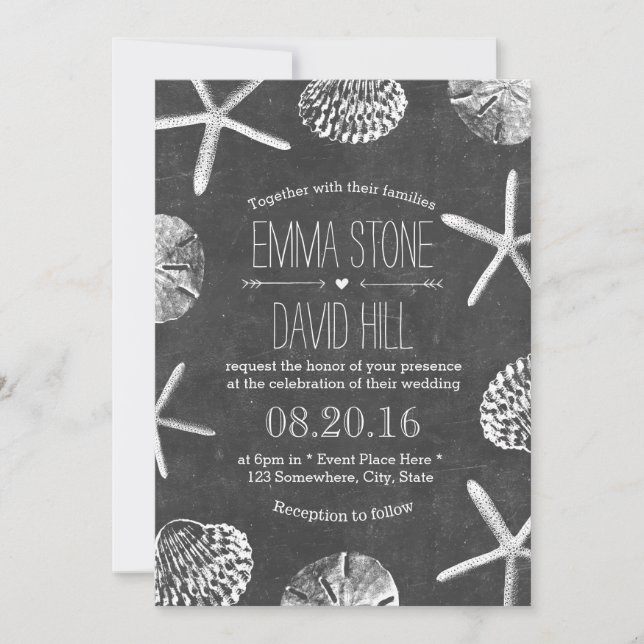 Invitation Rustic Beach Seashells Vintage Mariage tableau noi (Devant)