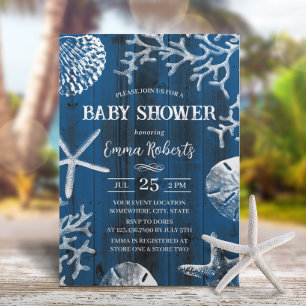 Invitation Rustic Beach Seashs Marine Baby shower bleu