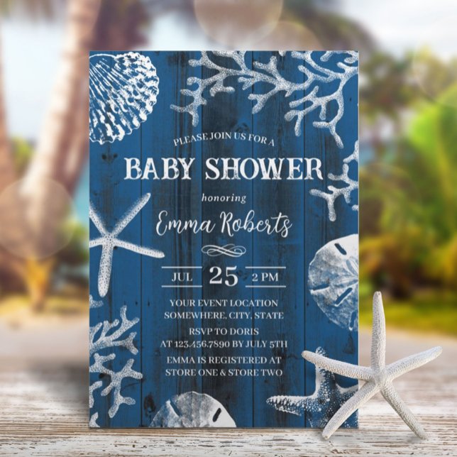 Invitation Rustic Beach Seashs Marine Baby shower bleu (Créateur téléchargé)