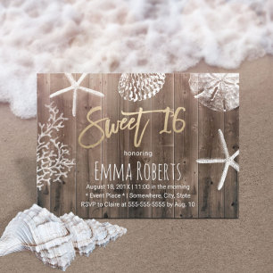 Invitation Rustic Beach Sweet 16 Starfish Seashells Anniversa