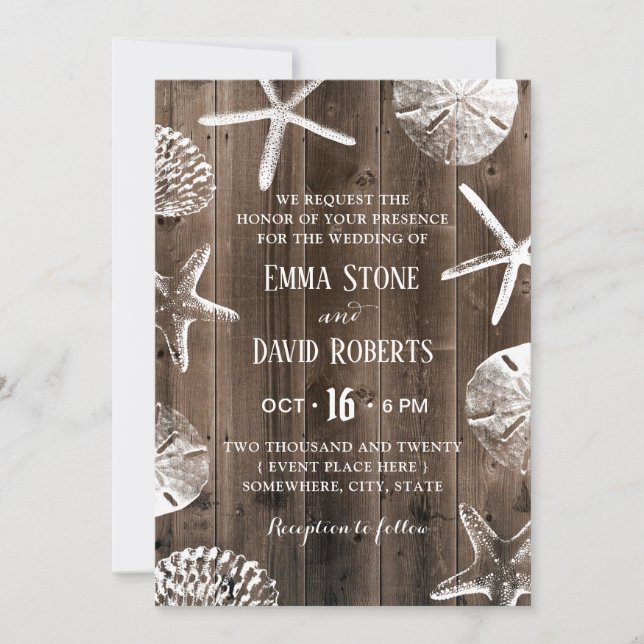 Invitation Rustic Beach Wedding Starfish & Seashell Grange Wo (Devant)
