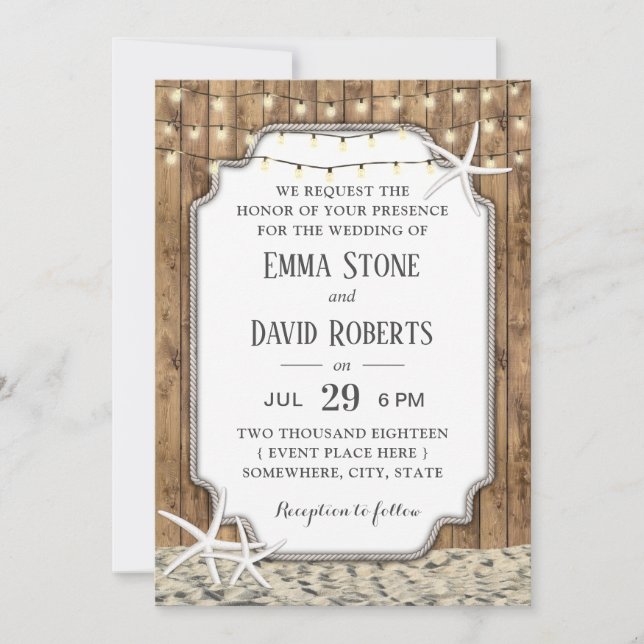 Invitation Rustic Beach Wedding Starfish & String Lumières (Devant)