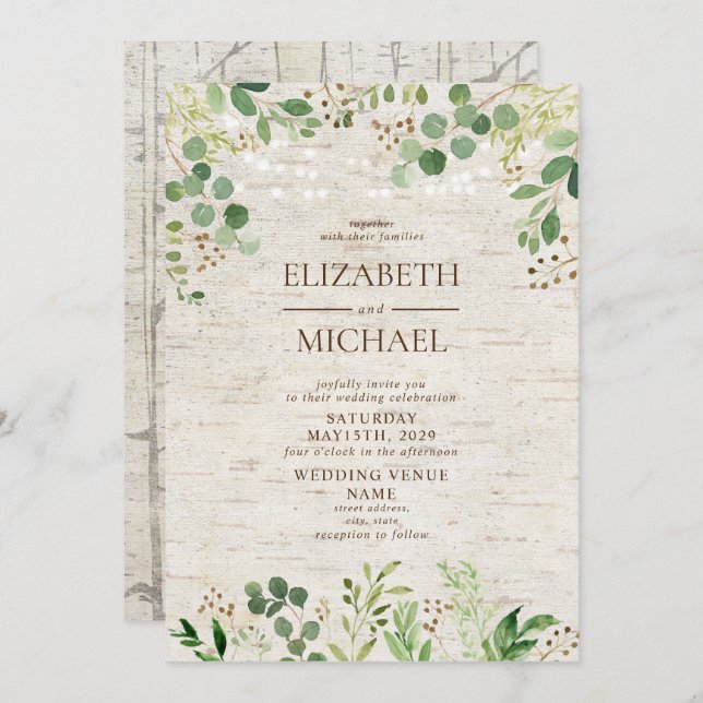 Invitation Rustic Birch Botanical Forest Mariage extérieur (Devant / Derrière)