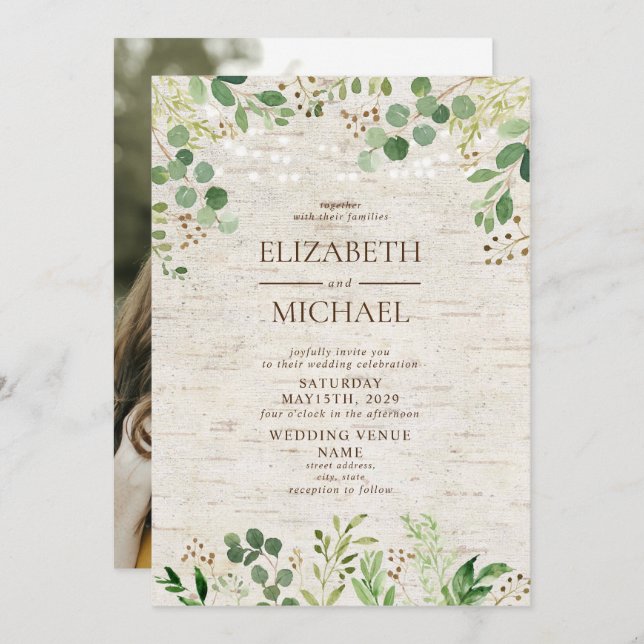 Invitation Rustic Birch Botanical Forest Mariage photo (Devant / Derrière)