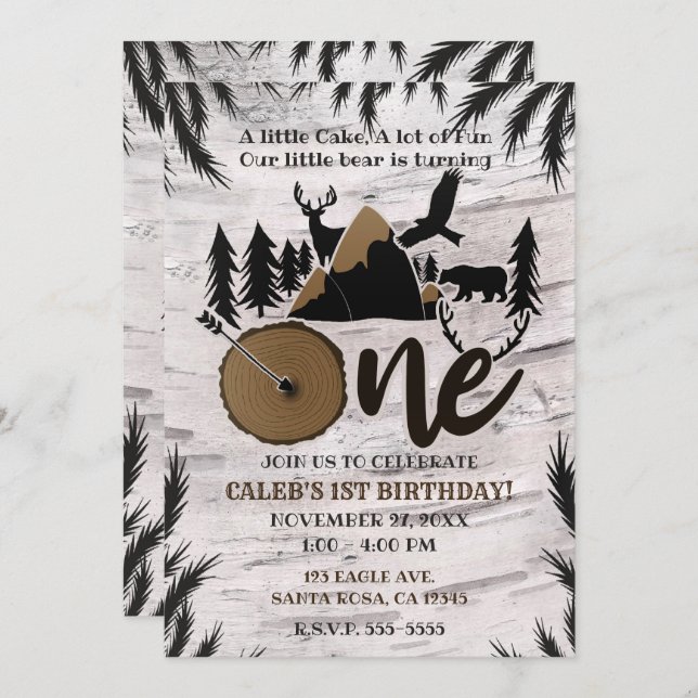 Invitation Rustic Birch Outdoor Wilderness Un 1er anniversair (Devant / Derrière)