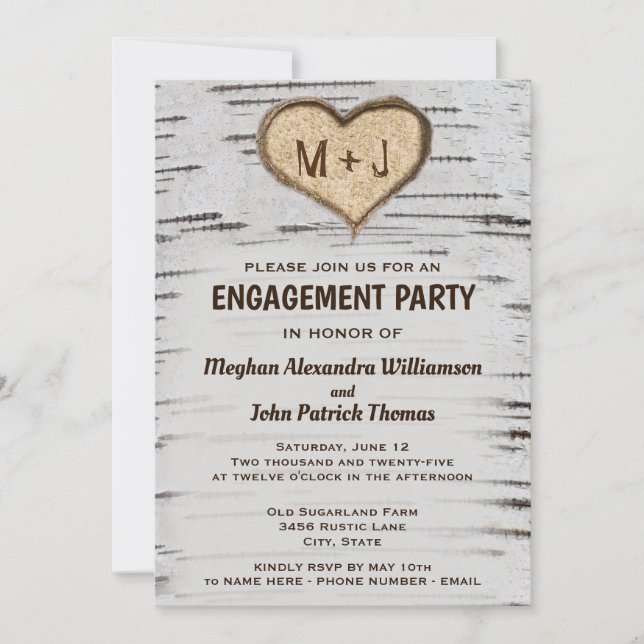 Invitation Rustic Birch Tree Initiales de coeur Partie d'enga (Devant)