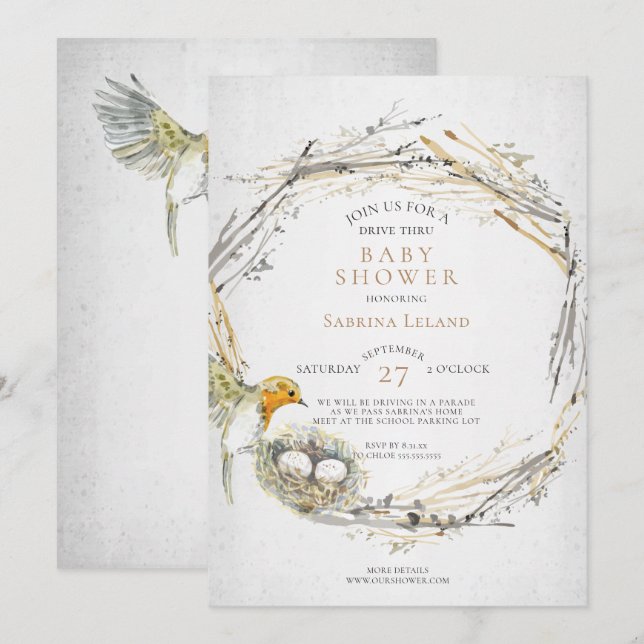Invitation Rustic Bird et Nest Drive Thru Twins Baby shower (Devant / Derrière)