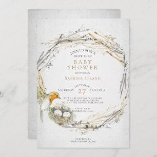 Invitation Rustic Bird et Nest Drive Thru Twins Baby shower