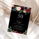 Invitation Rustic Black Botanical 30e fête d'anniversaire<br><div class="desc">Cette invitation rustique à la fête du 30e anniversaire de naissance noire est parfaite pour une fête d'anniversaire classique. Le design est composé de fleurs bordeaux,  rouges,  navy,  bleues et rousses rayonnantes et gracieuses peintes à la main dans un arrière - plan noir,  inspirant beauté naturelle.</div>