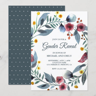 Invitation Rustic Blue and Pink Floral Wreath Gender Reveal