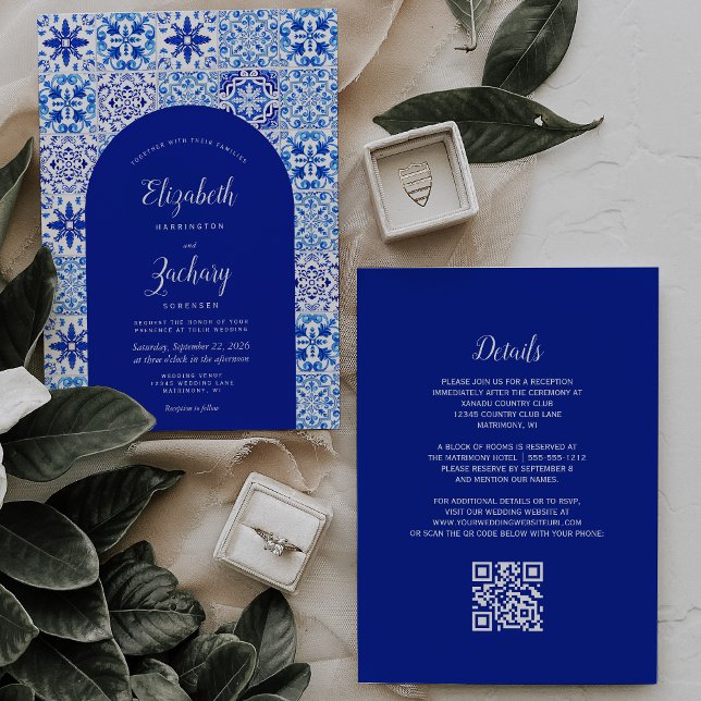 Invitation Rustic Blue Arch Portugais Carreaux QR Code Mariag (Créateur téléchargé)