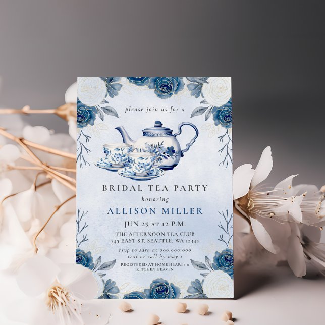 Invitation Rustic Blue Chinoiserie Tea Party Fête des mariées (Rustic Blue Chinoiserie Tea Party Bridal Shower Invitation)