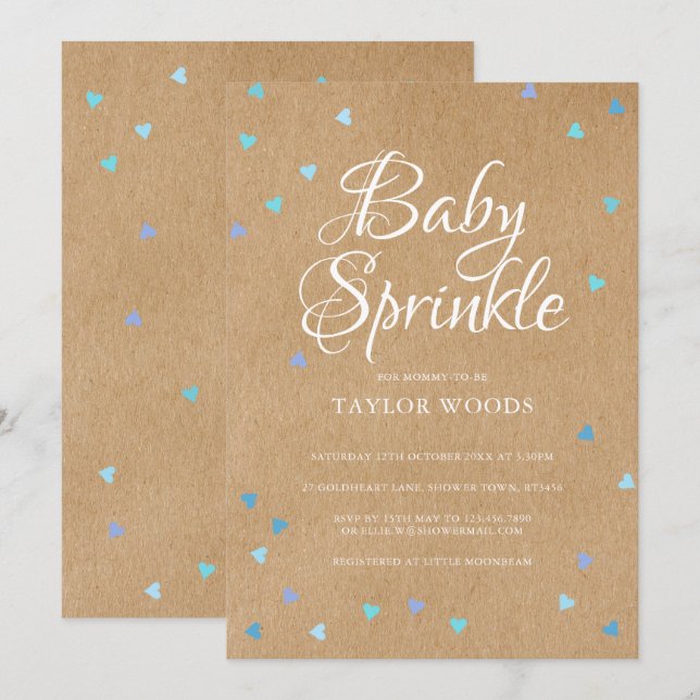 Invitation Rustic Blue Love Hearts Baby Boy Sprinkle (Devant / Derrière)